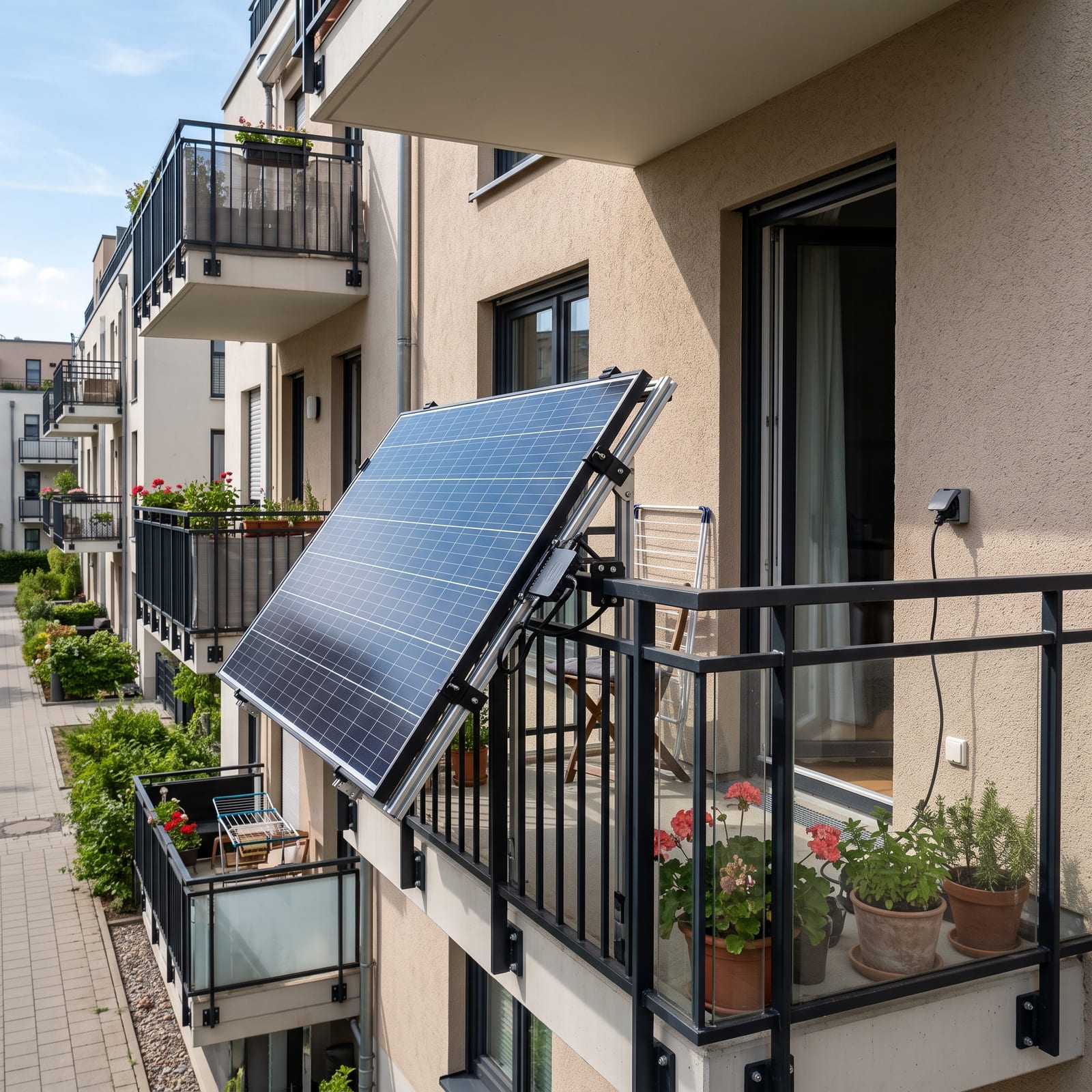 A solar panel clamped at an angle to an apartment balcony railing, with a cord running along the wall to an outdoor outlet