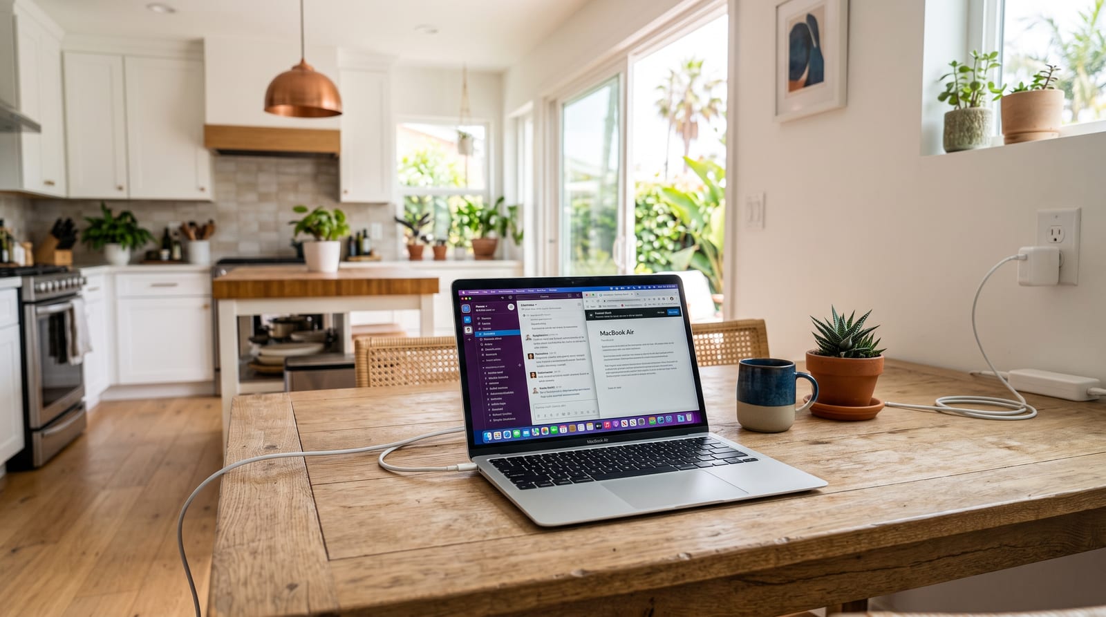 A laptop charging on a kitchen table in the afternoon, its cable running to a wall outlet, with a sunlit garden through the doors behind