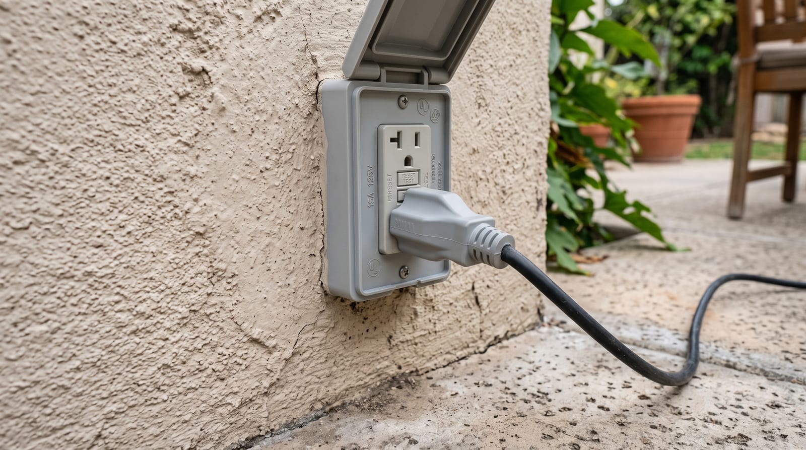A plug in an outdoor wall socket with its weatherproof cover flipped up, cord running away across a patio