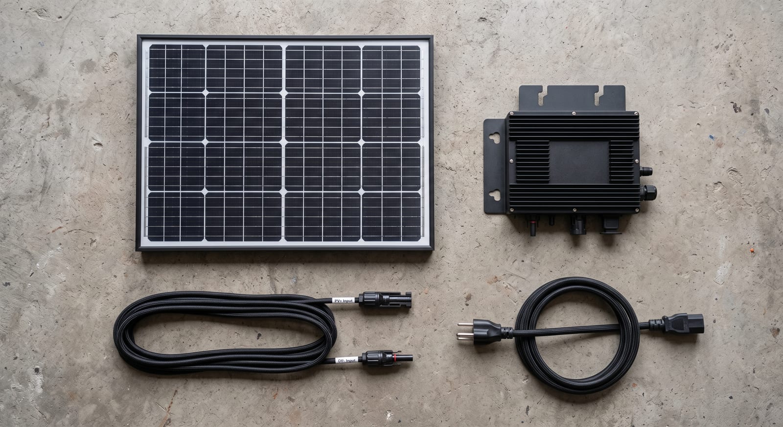 Four components laid out on a concrete floor and photographed from directly above: a solar panel with black cells in a slim frame, a black finned microinverter with a mounting bracket behind it, a coiled pair of DC cables ending in clip-together connectors, and a coiled cable with an ordinary three-pin household plug on one end.