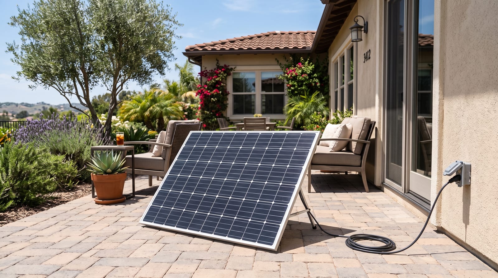 A solar panel propped on a folding stand on a paved patio, with a cord running from it to an outdoor outlet on the wall of a house
