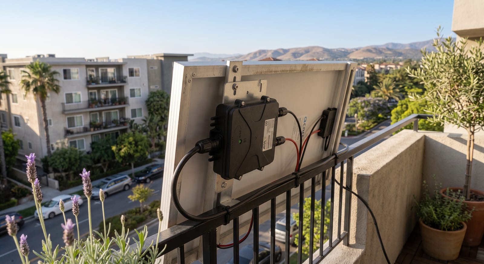A black microinverter bolted to a bracket on the back of a solar panel, which is clamped to a metal balcony railing. Black and red cables run from the inverter along the panel frame and are cable-tied to the railing. Beyond the balcony are apartment buildings with their own balconies, palm trees, a road, and dry hills in the distance.